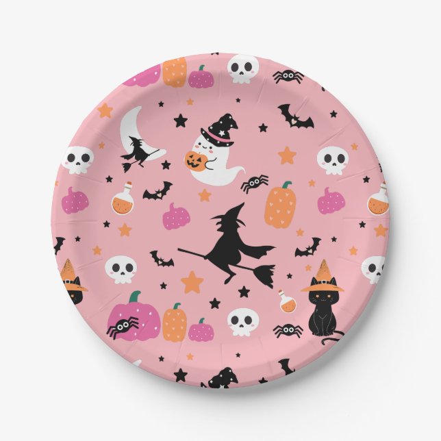 Witch Bats Spiders Ghost Pumpkin Halloween Pattern Paper Plate (Front)
