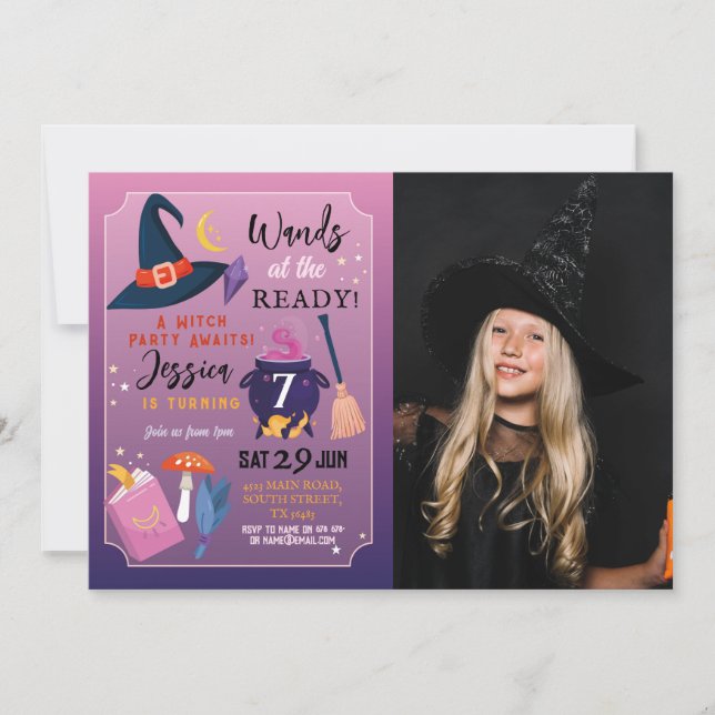 Witch Birthday Party Wands Ready Girls Photo Invitation (Front)