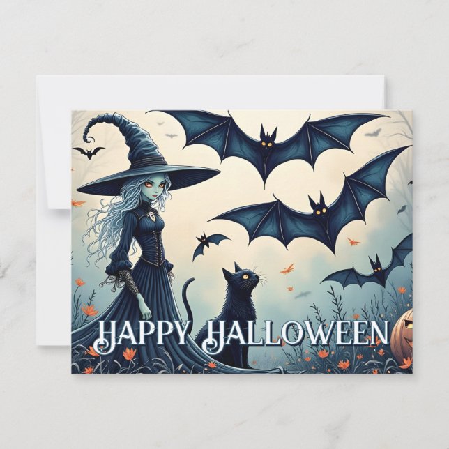Witch, Black Cat and Bats in Twilight Sky (Front)
