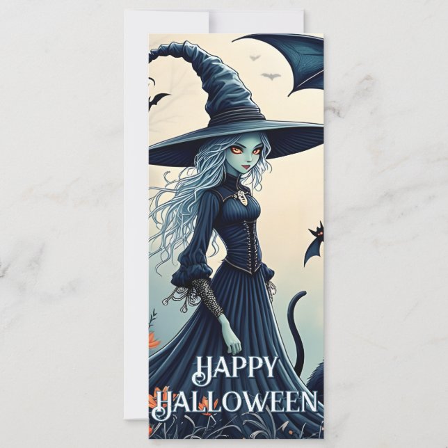 Witch, Black Cat and Bats in Twilight Sky (Front)