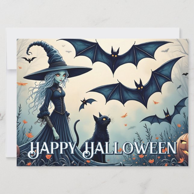 Witch, Black Cat and Bats in Twilight Sky (Front)