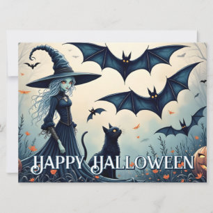 Witch, Black Cat and Bats in Twilight Sky