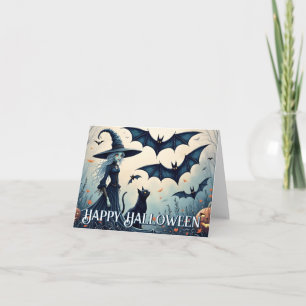 Witch, Black Cat and Bats in Twilight Sky Card