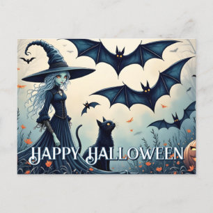 Witch, Black Cat and Bats in Twilight Sky Holiday Postcard
