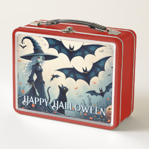 Witch, Black Cat and Bats in Twilight Sky Metal Lunch Box