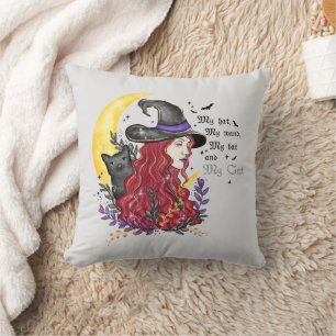 Witch, Black Cat and Crescent Moon Cushion