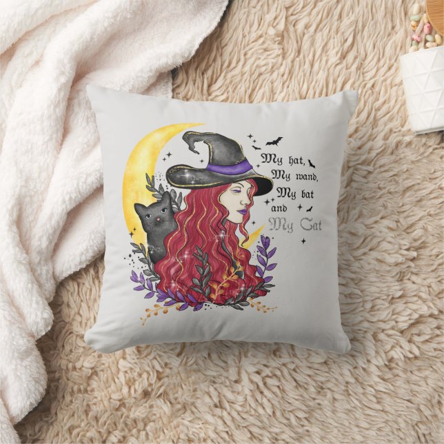 Witch, Black Cat and Crescent Moon Cushion (Blanket)