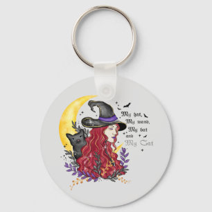 Witch, Black Cat and Crescent Moon Key Ring