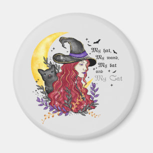 Witch, Black Cat and Crescent Moon Magnet