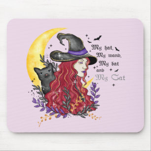 Witch, Black Cat and Crescent Moon Mouse Pad