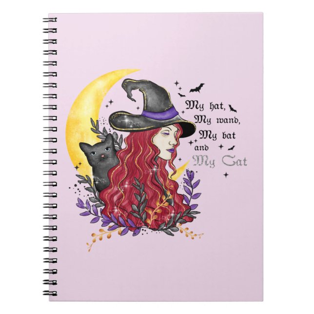 Witch, Black Cat and Crescent Moon Notebook (Front)