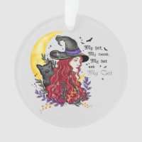 Witch, Black Cat and Crescent Moon