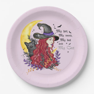 Witch, Black Cat and Crescent Moon Paper Plate