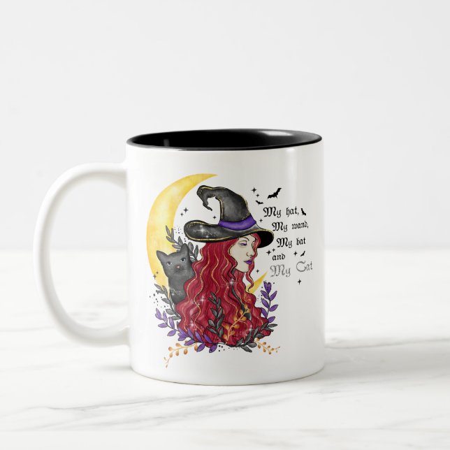 Witch, Black Cat and Crescent Moon Two-Tone Coffee Mug (Left)