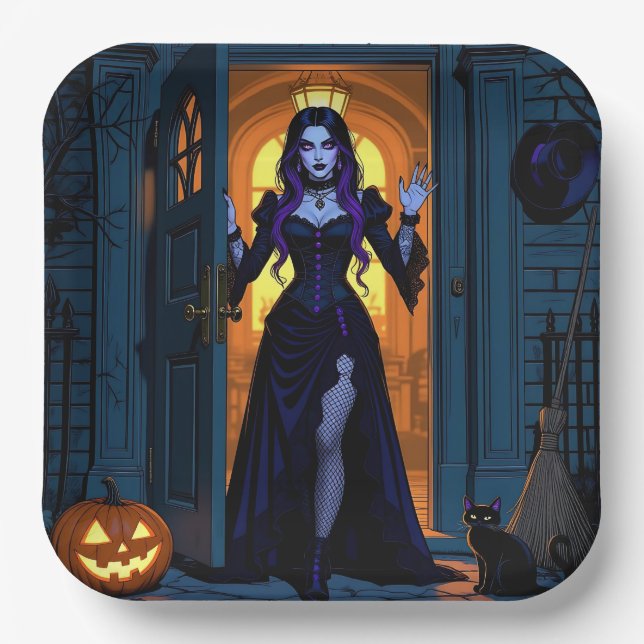 Witch, Black Cat and Jack-O-Lantern Halloween Paper Plate (Front)