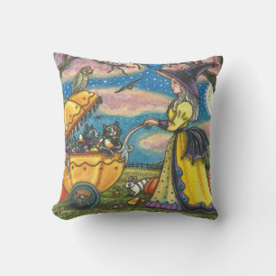 WITCH, BLACK CAT BABY BUGGY HALLOWEEN THROW PILLOW