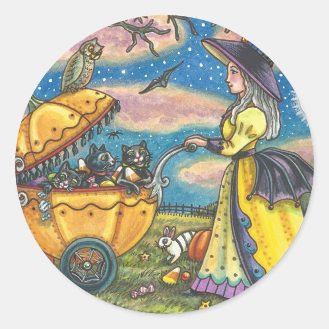 WITCH, BLACK CAT BABY BUGGY STICKERS SHEET Round (Front)