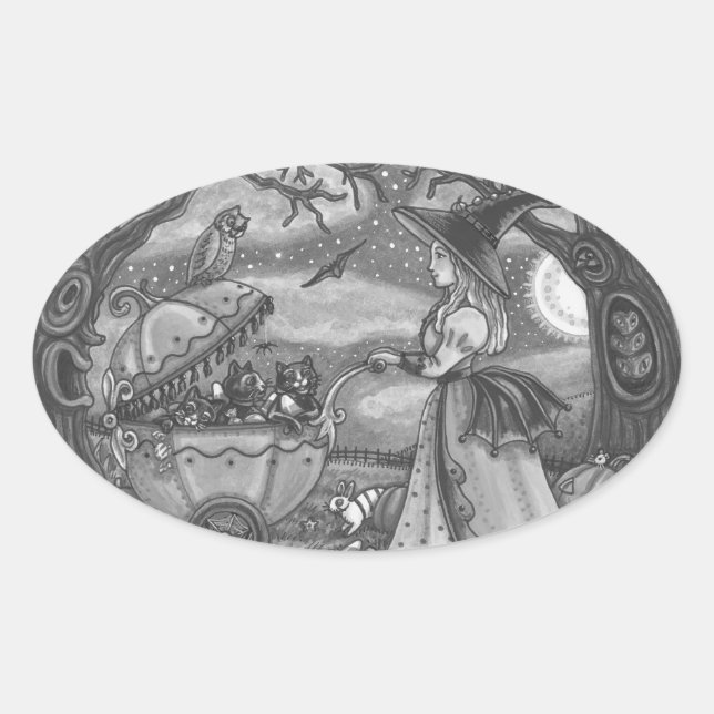 WITCH, BLACK CAT BUGGY GOTHIC STICKERS SHEET Oval (Front)