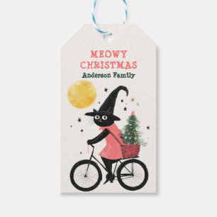 Witch Black Cat Cycling Spooky Meowy Christmas  Gift Tags