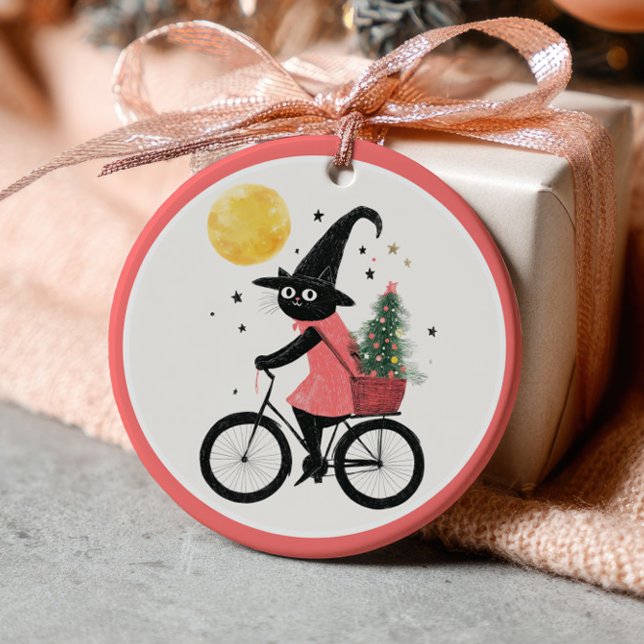 Witch Black Cat Cycling Xmas Tree Witchy Christmas Ceramic Ornament (Creator Uploaded)