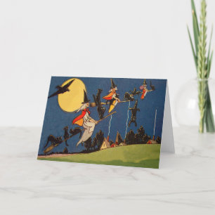 Witch Black Cat Flying Moon Crow Card