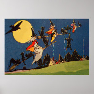 Witch Black Cat Flying Moon Crow Poster