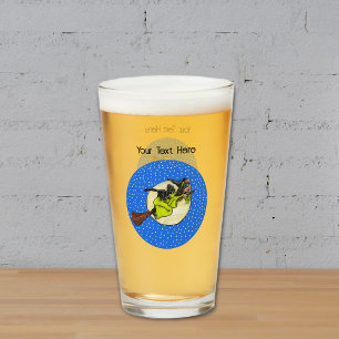 Witch Black Cat Flying Past Moon Broom Stars Glass