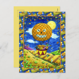 WITCH, BLACK CAT IN HOT AIR BALLOON FOLK ART HUMOR HOLIDAY POSTCARD