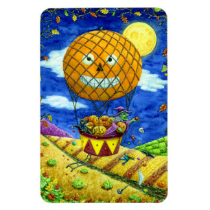 WITCH, BLACK CAT IN HOT AIR BALLOON FOLK ART HUMOR MAGNET