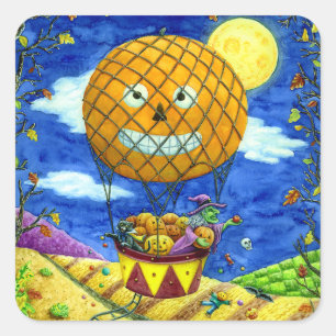 WITCH, BLACK CAT IN HOT AIR BALLOON FOLK ART HUMOR SQUARE STICKER
