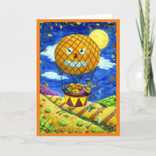 WITCH, BLACK CAT IN HOT AIR BALLOON FOLK ART Verse Holiday Card