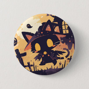 Witch Black Cat on Halloween Night 6 Cm Round Badge