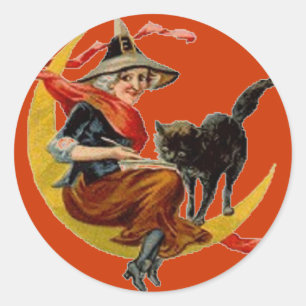 Witch & Black Cat on Moon - Halloween Sticker