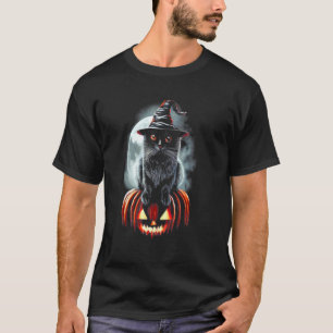 Witch Black Cat on Pumpkin Vintage Halloween Moon T-Shirt