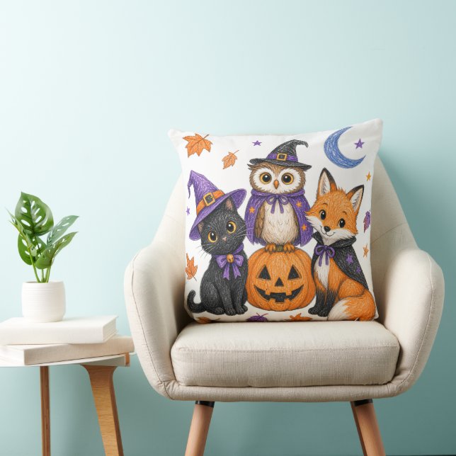 Witch Black Cat Owl Fox Pumpkin Art Cushion (Chair)