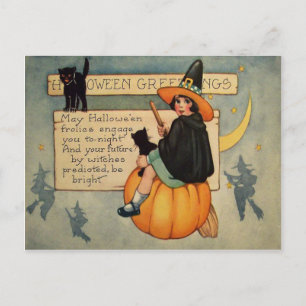 Witch Black Cat Pumpkin Crescent Moon Postcard