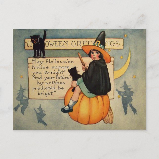 Witch Black Cat Pumpkin Crescent Moon Postcard (Front)