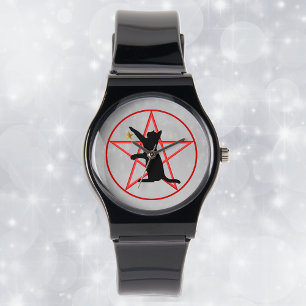 Witch Black Cat Reaching for star Red on Pentagram Watch