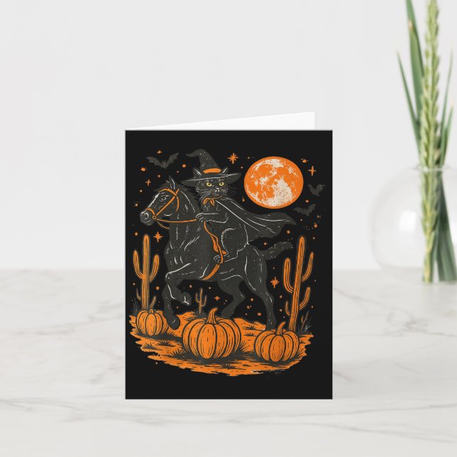 Witch Black Cat Riding Horse Halloween Pumpkin Moo Card (Front)