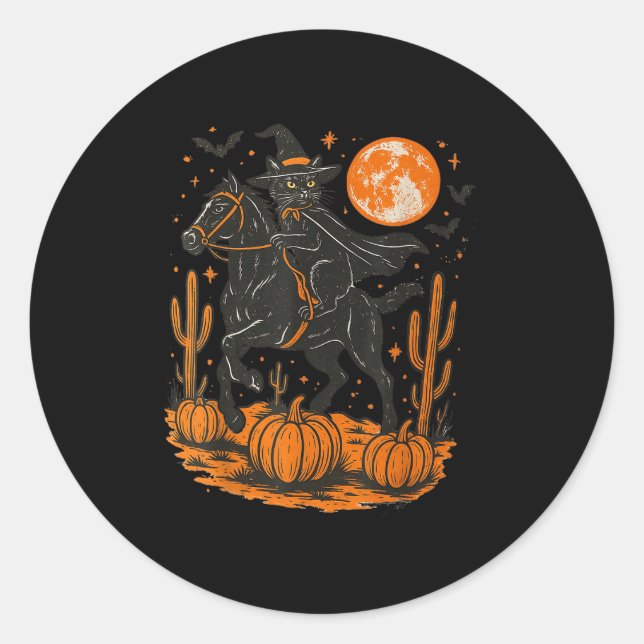 Witch Black Cat Riding Horse Halloween Pumpkin Moo Classic Round Sticker (Front)