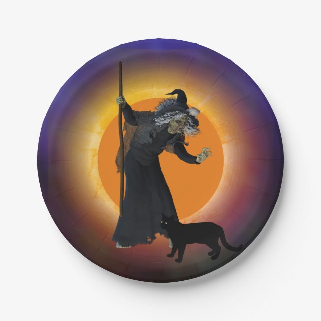 Witch & Black Cat with Orange Moon Paper Plate (Front)