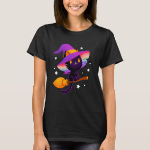 Witch Black Cat With Rainbow Hat And Magic Broom L T-Shirt