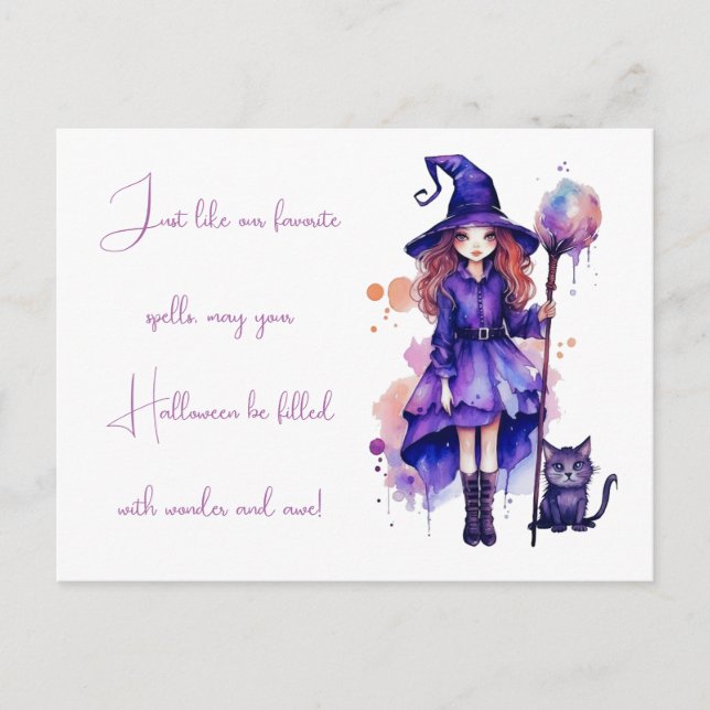 Witch Black Cat Wonder and Awe Halloween Holiday Postcard (Front)