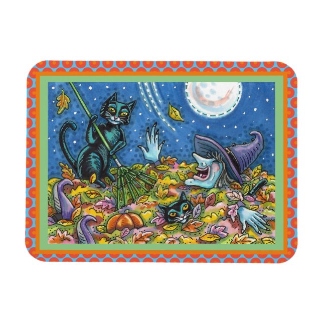 WITCH & BLACK CATS RAKING LEAVES, FUNNY HALLOWEEN MAGNET (Horizontal)