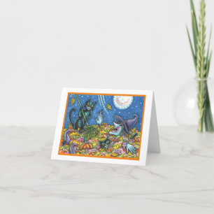 WITCH & BLACK CATS RAKING LEAVES HALLOWEEN CARD