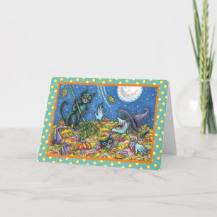 WITCH & BLACK CATS RAKING LEAVES HALLOWEEN CARD