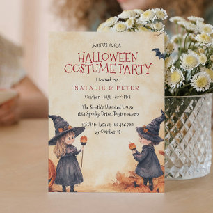 Witch Boy And Girl Halloween Costume Party Invitation