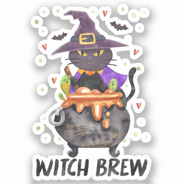 Witch Brew – Halloween Witch Cat in a Cauldron (Front)