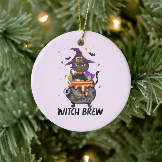 Witch Brew – Halloween Witch Cat in a Cauldron Ceramic Ornament (Tree)