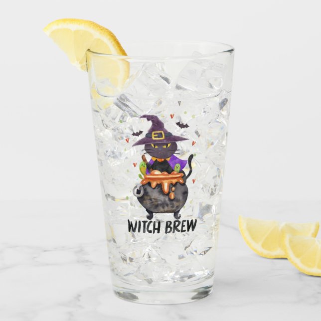 Witch Brew – Halloween Witch Cat in a Cauldron Glass (Front Ice)